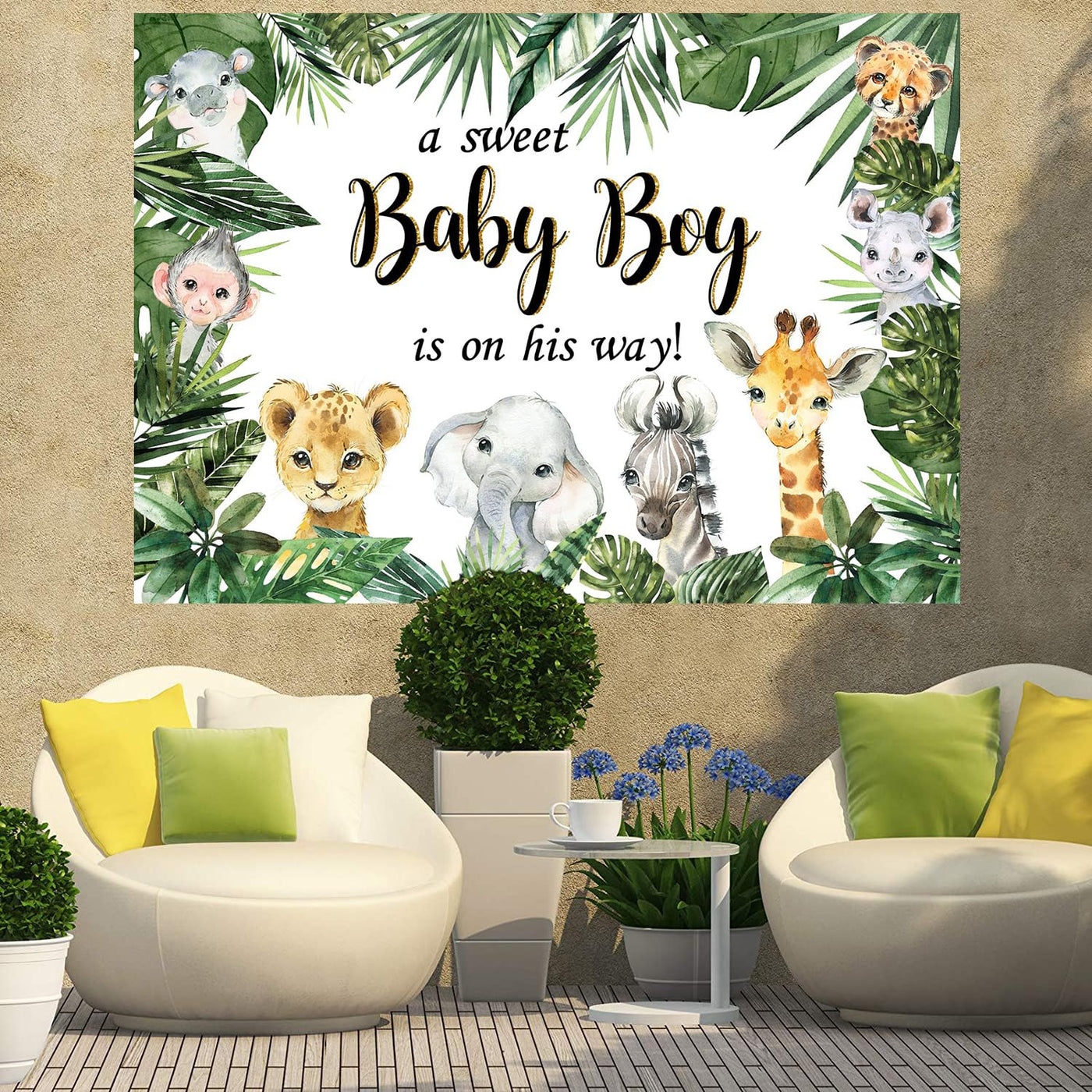 InMemory Jungle Safari Baby Shower Backdrop A Sweet Baby Boy is on His Way Wild Green Leaves Animals Cake Table Decorations Banner Photography Background 5x3ft - Backdrop BlissInMemory Jungle Safari Baby Shower Backdrop A Sweet Baby Boy is on His Way Wild Green Leaves Animals Cake Table Decorations Banner Photography Background 5x3ft