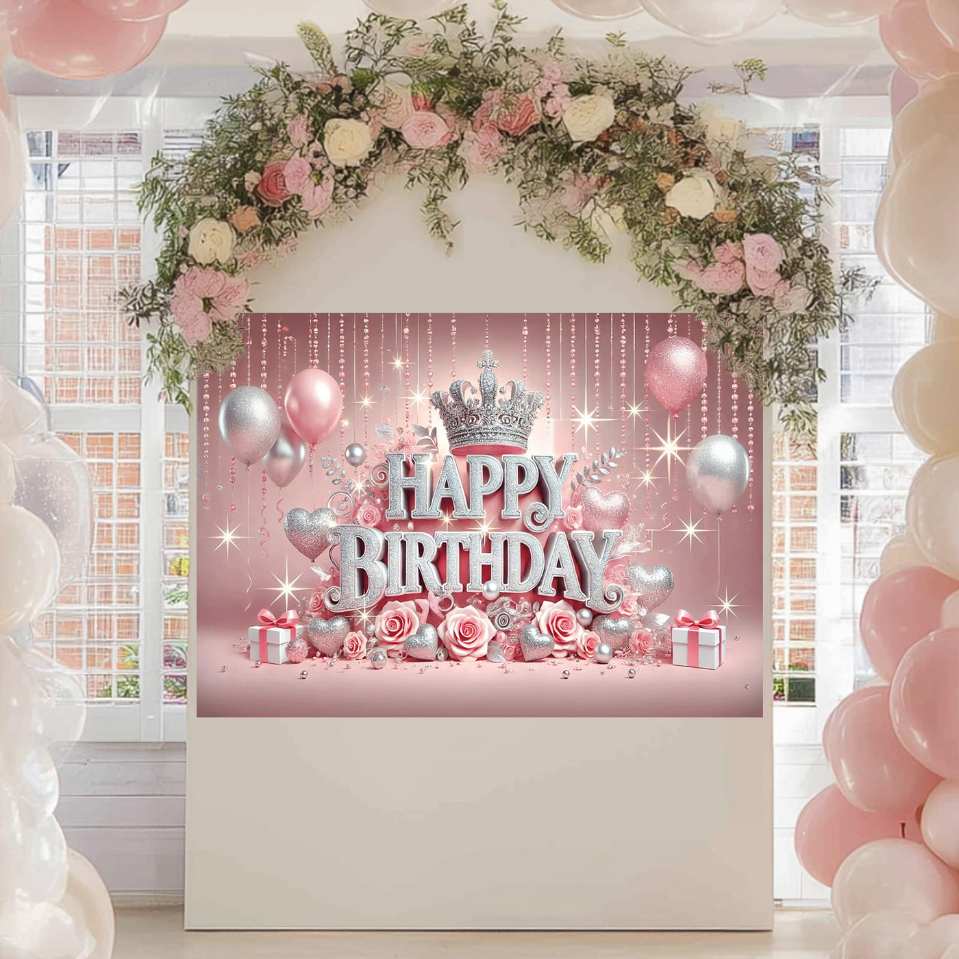 BlissYard Pink Princess Happy Birthday Backdrop 71x43 inch Glittering Silver Elegant Crown and Rose Banner Beautiful Girl's Birthday Photography Background Photo Studio Props Decoration Backdrop - Backdrop BlissBlissYard Pink Princess Happy Birthday Backdrop 71x43 inch Glittering Silver Elegant Crown and Rose Banner Beautiful Girl's Birthday Photography Background Photo Studio Props Decoration Backdrop