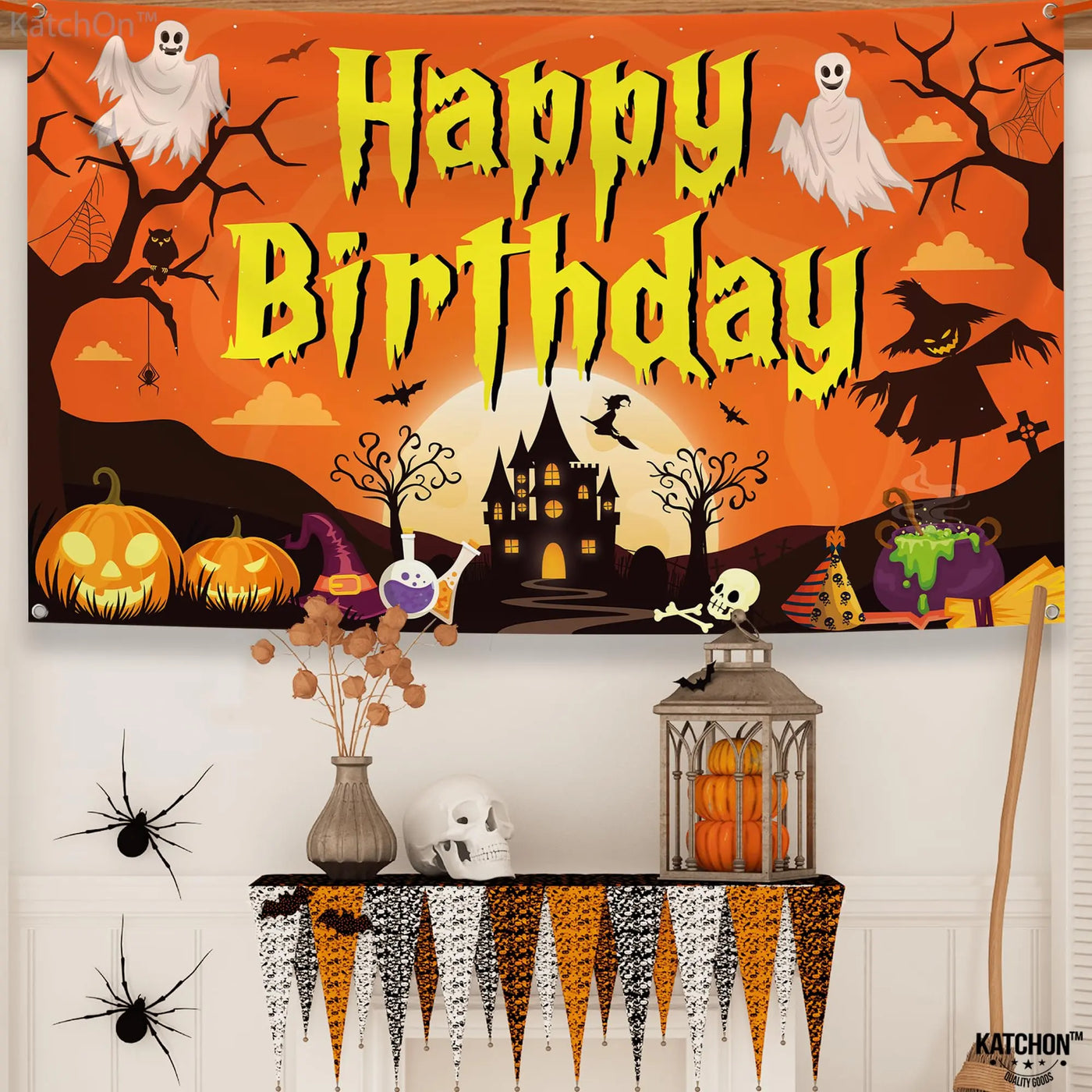 KatchOn XtraLarge Birthday Banner - 72x44 Inch | Happy Birthday Halloween Backdrop for Party Decorations | Jack O Lanterns Banner Backdrop Bliss