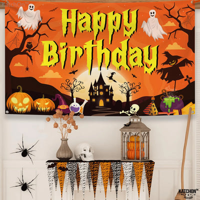 KatchOn XtraLarge Birthday Banner - 72x44 Inch | Happy Birthday Halloween Backdrop for Party Decorations | Jack O Lanterns Banner Backdrop Bliss