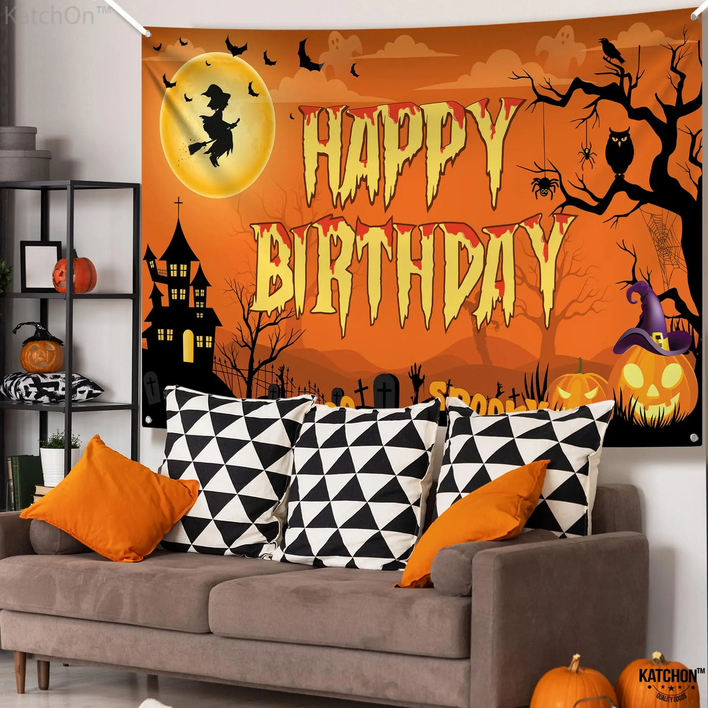 KatchOn XtraLarge Birthday Banner - 72x44 Inch | Happy Birthday Halloween Backdrop for Party Decorations | Jack O Lanterns Banner Backdrop Bliss