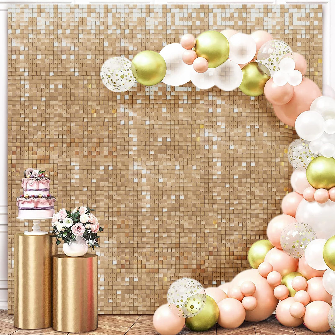 24 Pcs Champagne Gold Shimmer Wall Backdrop Panels - 4 FT x 6 FT Square Sequin Shimmer Backdrop Panels, Photo Backdrops for Birthday, Anniversary, Wedding, Graduation & Bachelorette Party Decoration - Backdrop Bliss24 Pcs Champagne Gold Shimmer Wall Backdrop Panels - 4 FT x 6 FT Square Sequin Shimmer Backdrop Panels, Photo Backdrops for Birthday, Anniversary, Wedding, Graduation & Bachelorette Party Decoration