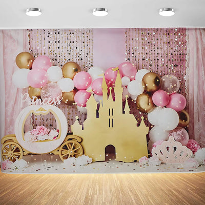 7x5ft Pink Balloons Princess Birthday Backdrop Sweet One Castle Photography Background Girls Happy Birthday Party Cake Table Banner Decorations Supplies Photo Booth Props Backdrop Bliss