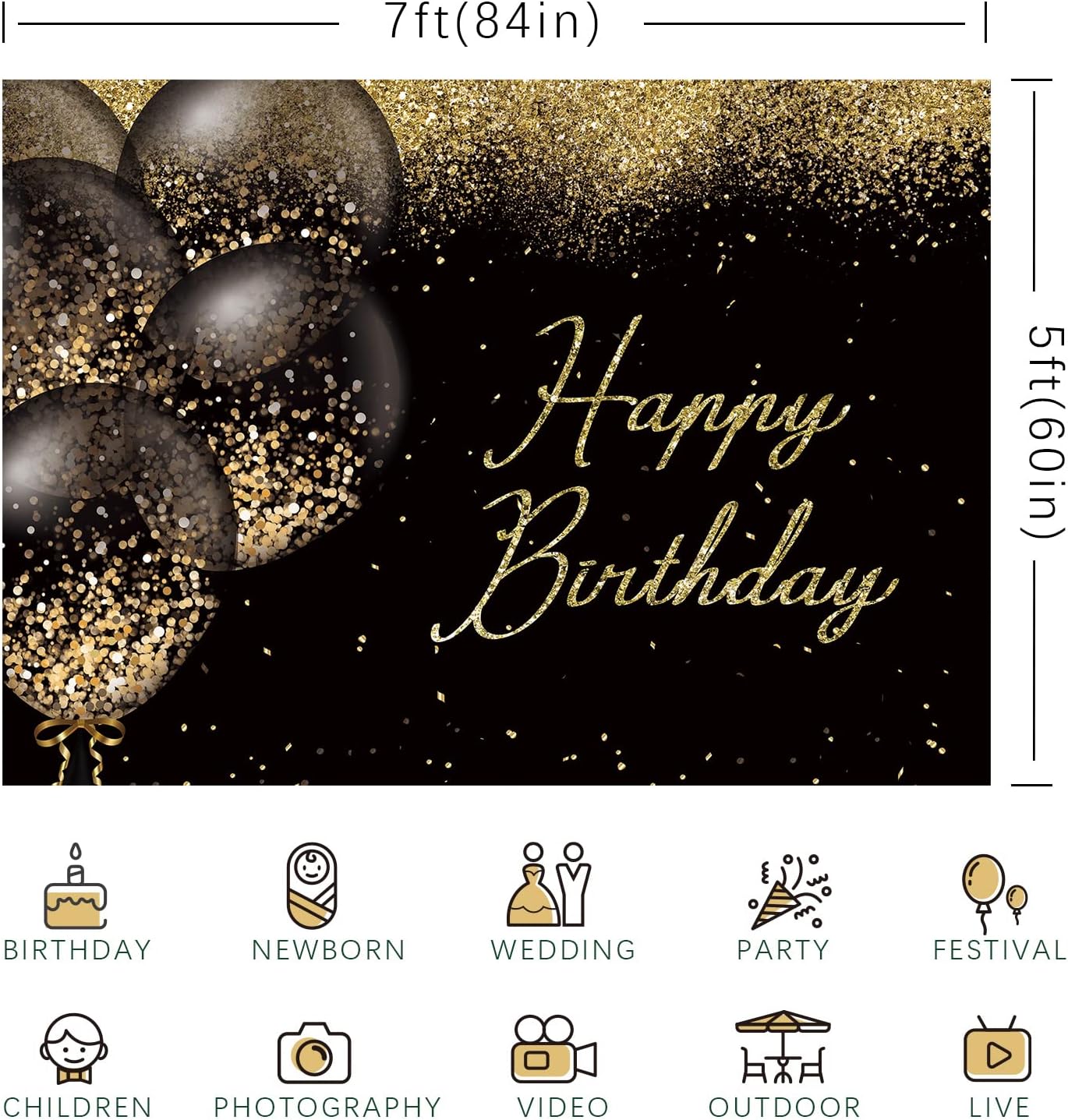 Happy Birthday Backdrop Black and Gold Glitter Bokeh Balloons Photography Background Birthday Party Golden Sparkle Bday Banner Decorations Supplies Photo Booth Studio Props Soft Fabric 7x5ft - Backdrop BlissHappy Birthday Backdrop Black and Gold Glitter Bokeh Balloons Photography Background Birthday Party Golden Sparkle Bday Banner Decorations Supplies Photo Booth Studio Props Soft Fabric 7x5ft