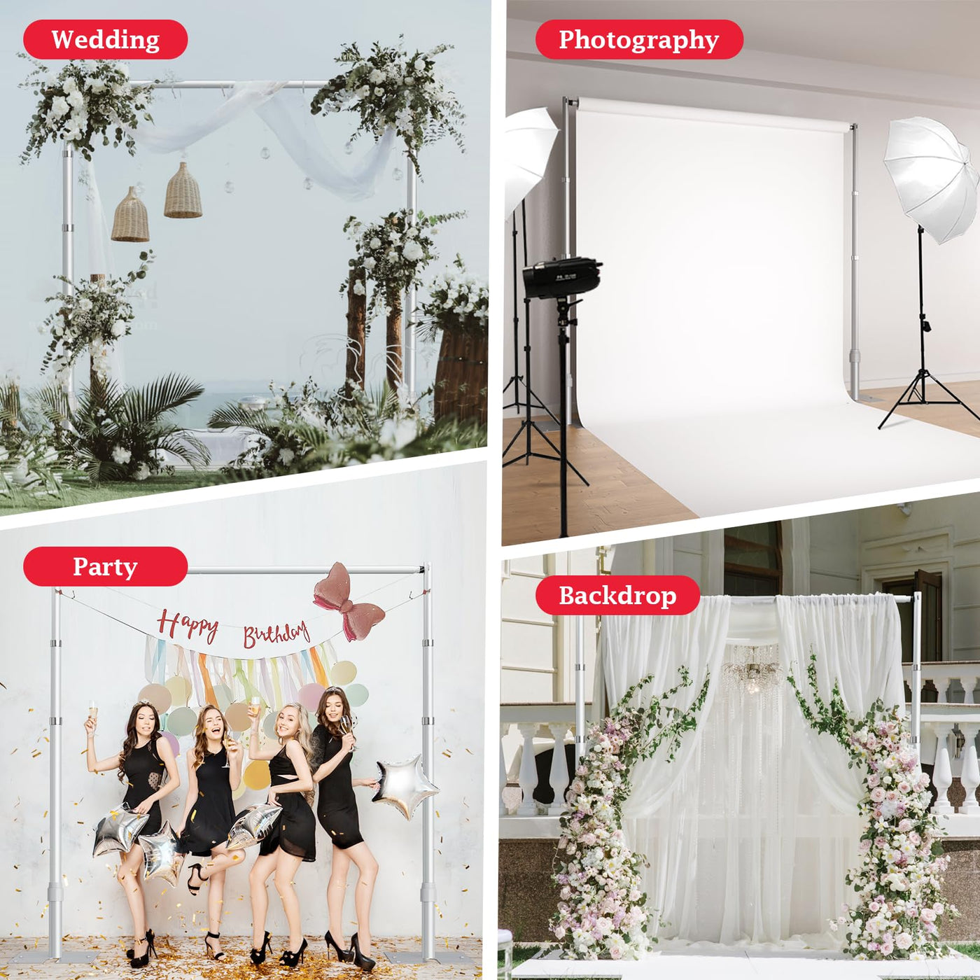 EMART Pipe and Drape Backdrop Stand Kit, 8.9ftx10ft Heavy Duty Adjustable Photo Background, Metal Frame with Flat Base for Wedding, Birthday Party, Banquet Decorations - Silver - Backdrop BlissEMART Pipe and Drape Backdrop Stand Kit, 8.9ftx10ft Heavy Duty Adjustable Photo Background, Metal Frame with Flat Base for Wedding, Birthday Party, Banquet Decorations - Silver