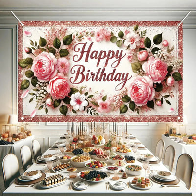 Happy Birthday Backdrop Banner Rose Gold Glitter Floral Photography Background for Women Girls Lady Wedding Baby Shower Birthday Supplies Photo Props Party Decorations Cake Table 6x4ft - Backdrop BlissHappy Birthday Backdrop Banner Rose Gold Glitter Floral Photography Background for Women Girls Lady Wedding Baby Shower Birthday Supplies Photo Props Party Decorations Cake Table 6x4ft