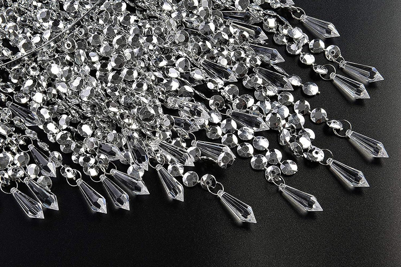 Waneway Large 3 Tiers Silver Sparkling Beads Pendant Shade, Ceiling Chandelier Lampshade with Acrylic Jewel Droplets, Beaded Lampshade with Chrome Frame and Sparkling Beads, Diameter 12.6'', Silver Backdrop Bliss