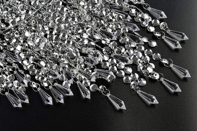 Waneway Large 3 Tiers Silver Sparkling Beads Pendant Shade, Ceiling Chandelier Lampshade with Acrylic Jewel Droplets, Beaded Lampshade with Chrome Frame and Sparkling Beads, Diameter 12.6'', Silver Backdrop Bliss