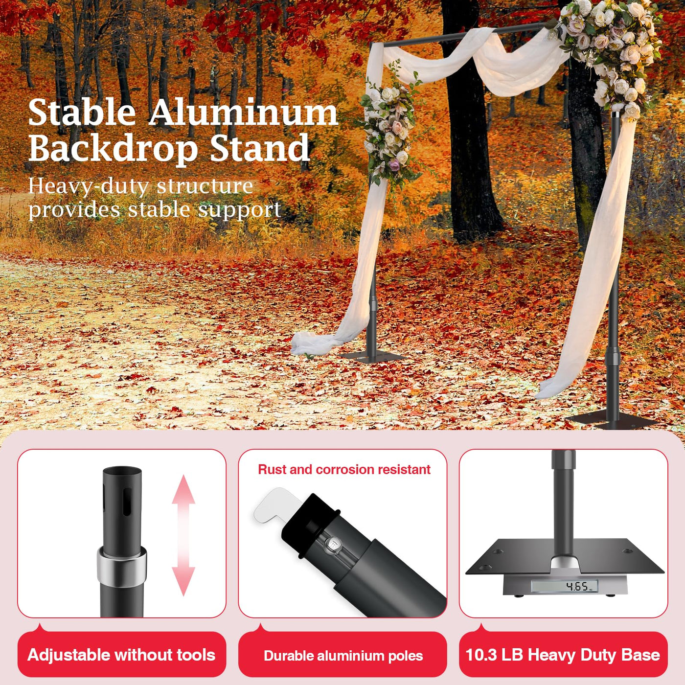 EMART Pipe and Drape Backdrop Stand Kit, 8.9ftx10ft Heavy Duty Adjustable Photo Background, Metal Frame with Flat Base for Wedding, Birthday Party, Banquet Decorations - Silver - Backdrop BlissEMART Pipe and Drape Backdrop Stand Kit, 8.9ftx10ft Heavy Duty Adjustable Photo Background, Metal Frame with Flat Base for Wedding, Birthday Party, Banquet Decorations - Silver