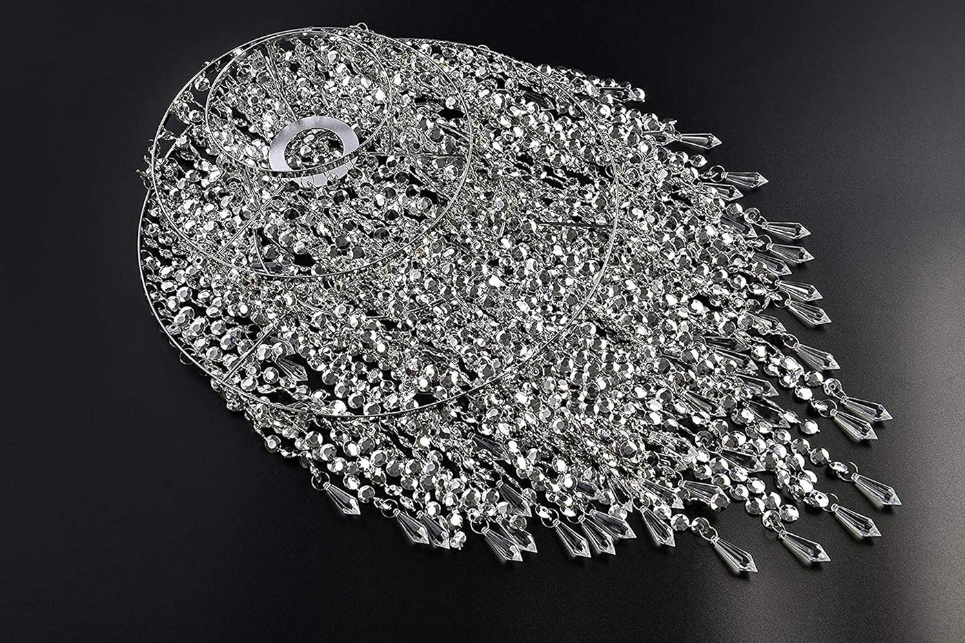 Waneway Large 3 Tiers Silver Sparkling Beads Pendant Shade, Ceiling Chandelier Lampshade with Acrylic Jewel Droplets, Beaded Lampshade with Chrome Frame and Sparkling Beads, Diameter 12.6'', Silver Backdrop Bliss