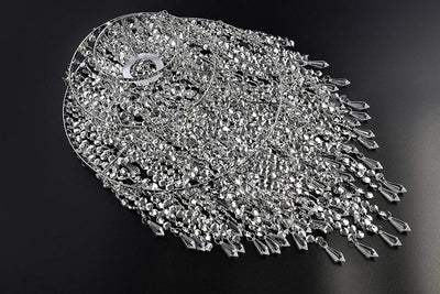 Waneway Large 3 Tiers Silver Sparkling Beads Pendant Shade, Ceiling Chandelier Lampshade with Acrylic Jewel Droplets, Beaded Lampshade with Chrome Frame and Sparkling Beads, Diameter 12.6'', Silver Backdrop Bliss