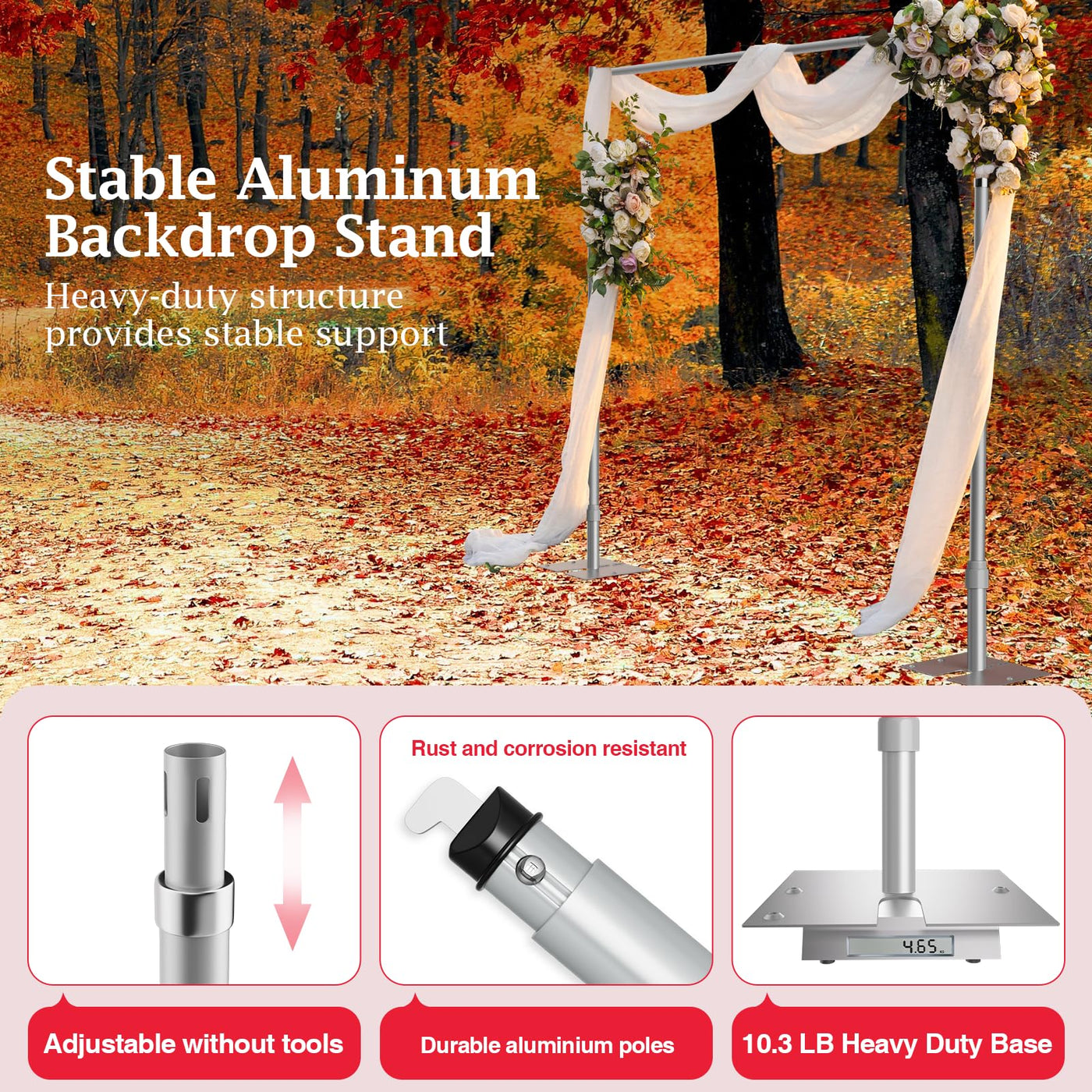 EMART Pipe and Drape Backdrop Stand Kit, 8.9ftx10ft Heavy Duty Adjustable Photo Background, Metal Frame with Flat Base for Wedding, Birthday Party, Banquet Decorations - Silver - Backdrop BlissEMART Pipe and Drape Backdrop Stand Kit, 8.9ftx10ft Heavy Duty Adjustable Photo Background, Metal Frame with Flat Base for Wedding, Birthday Party, Banquet Decorations - Silver