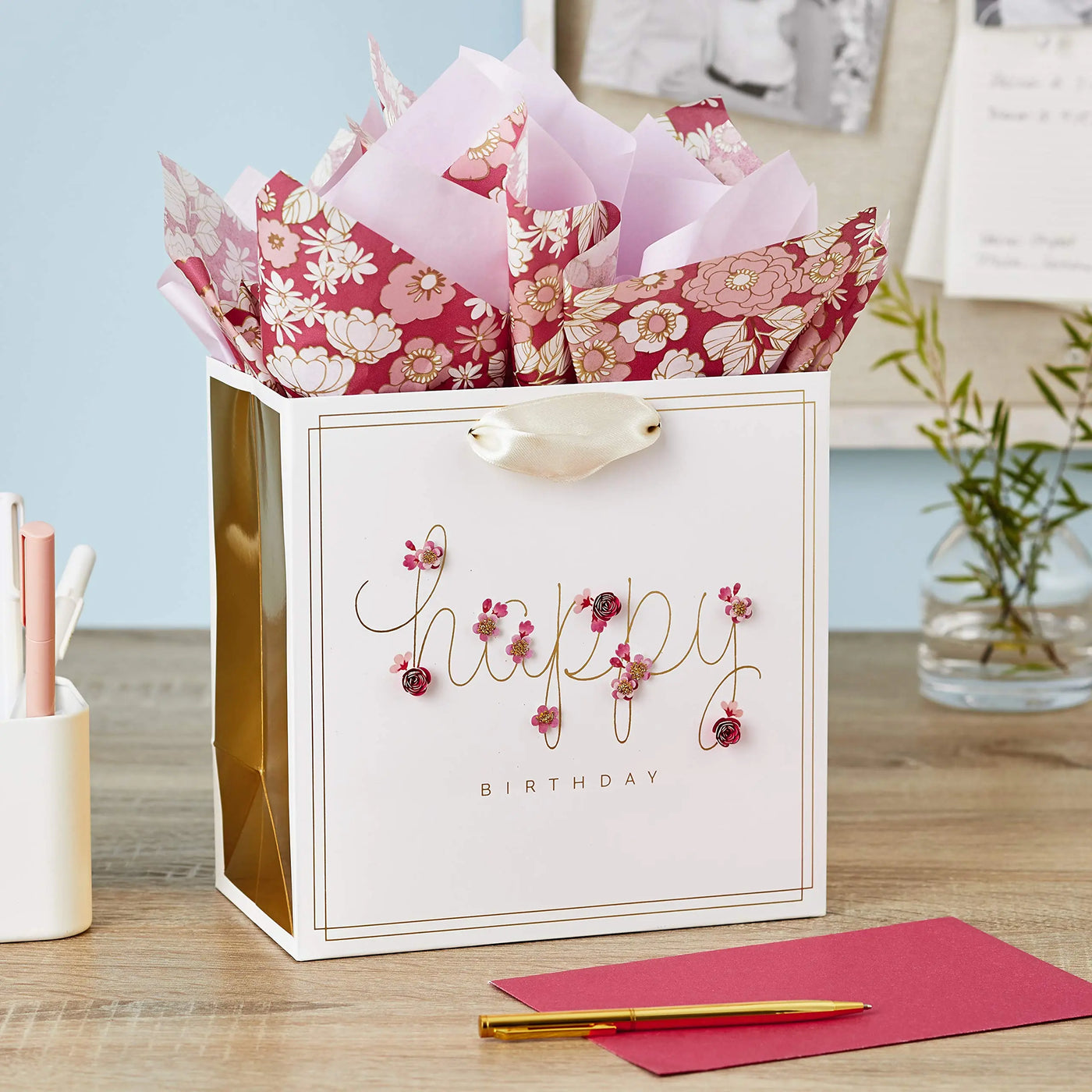 Hallmark Signature 7" Medium Birthday Gift Bag with Tissue Paper (Pink Flowers) Backdrop Bliss