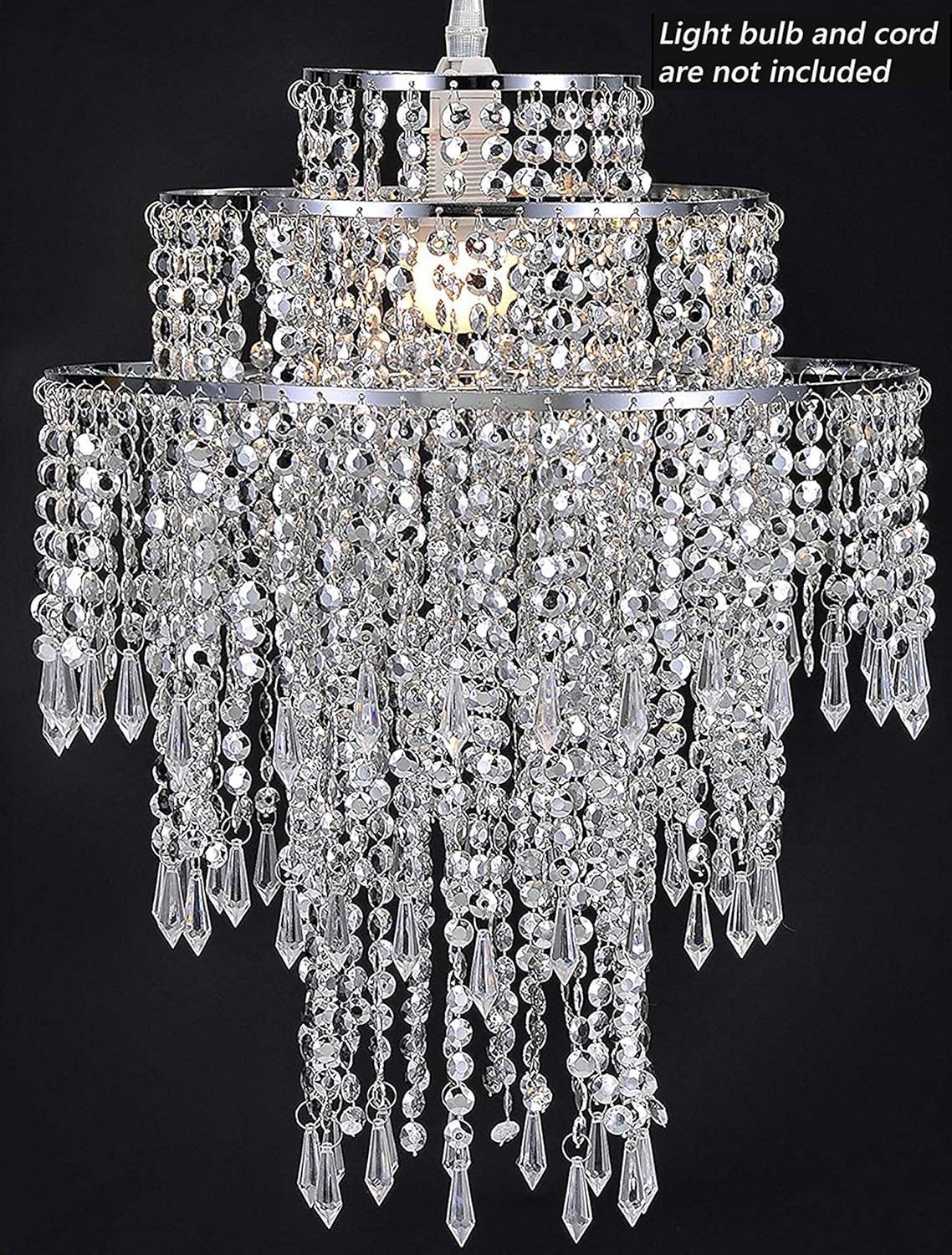Waneway Large 3 Tiers Silver Sparkling Beads Pendant Shade, Ceiling Chandelier Lampshade with Acrylic Jewel Droplets, Beaded Lampshade with Chrome Frame and Sparkling Beads, Diameter 12.6'', Silver Backdrop Bliss