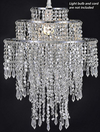 Waneway Large 3 Tiers Silver Sparkling Beads Pendant Shade, Ceiling Chandelier Lampshade with Acrylic Jewel Droplets, Beaded Lampshade with Chrome Frame and Sparkling Beads, Diameter 12.6'', Silver Backdrop Bliss