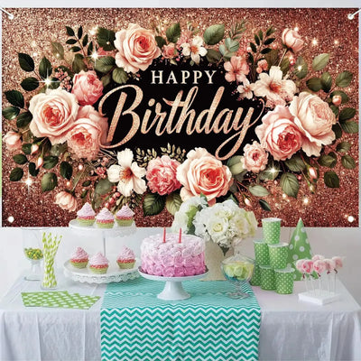 Happy Birthday Backdrop Banner Rose Gold Glitter Floral Photography Background for Women Girls Lady Wedding Baby Shower Birthday Supplies Photo Props Party Decorations Cake Table 6x4ft - Backdrop BlissHappy Birthday Backdrop Banner Rose Gold Glitter Floral Photography Background for Women Girls Lady Wedding Baby Shower Birthday Supplies Photo Props Party Decorations Cake Table 6x4ft