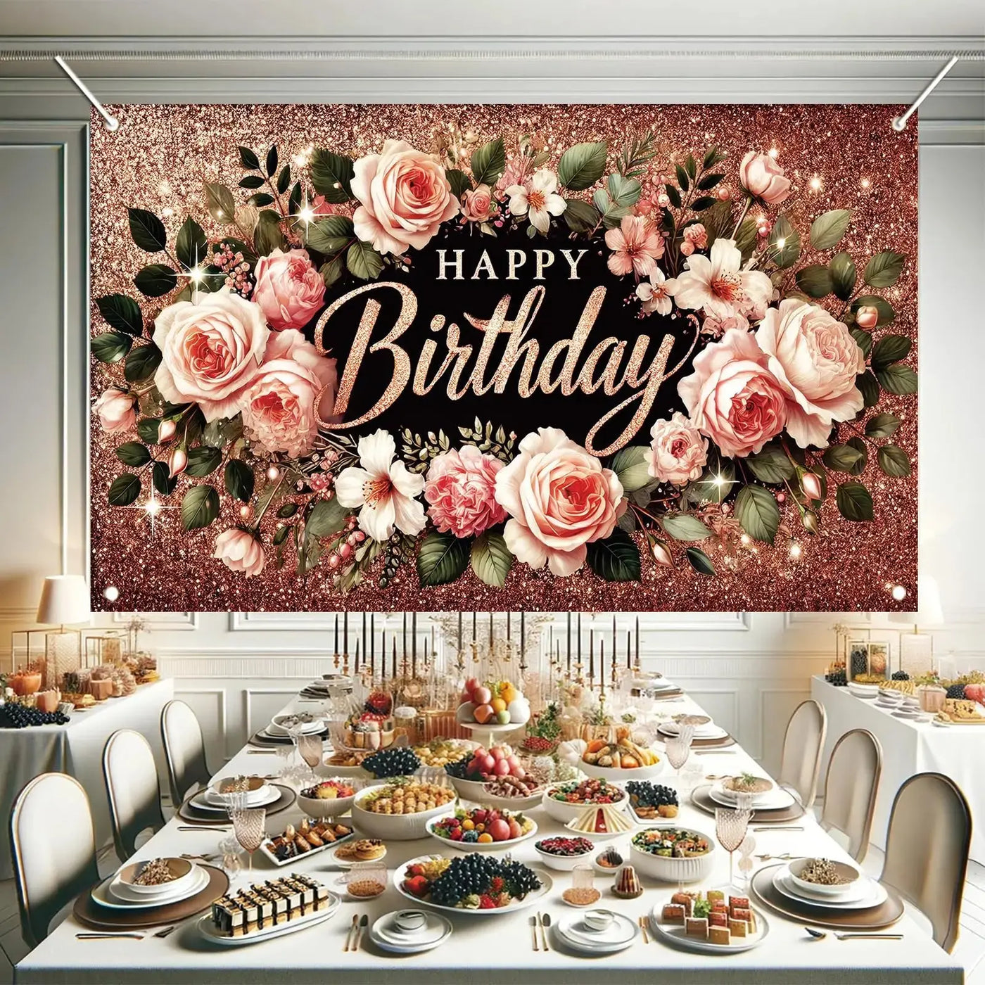 Happy Birthday Backdrop Banner Rose Gold Glitter Floral Photography Background for Women Girls Lady Wedding Baby Shower Birthday Supplies Photo Props Party Decorations Cake Table 6x4ft - Backdrop BlissHappy Birthday Backdrop Banner Rose Gold Glitter Floral Photography Background for Women Girls Lady Wedding Baby Shower Birthday Supplies Photo Props Party Decorations Cake Table 6x4ft