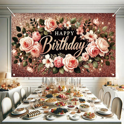 Happy Birthday Backdrop Banner Rose Gold Glitter Floral Photography Background for Women Girls Lady Wedding Baby Shower Birthday Supplies Photo Props Party Decorations Cake Table 6x4ft - Backdrop BlissHappy Birthday Backdrop Banner Rose Gold Glitter Floral Photography Background for Women Girls Lady Wedding Baby Shower Birthday Supplies Photo Props Party Decorations Cake Table 6x4ft