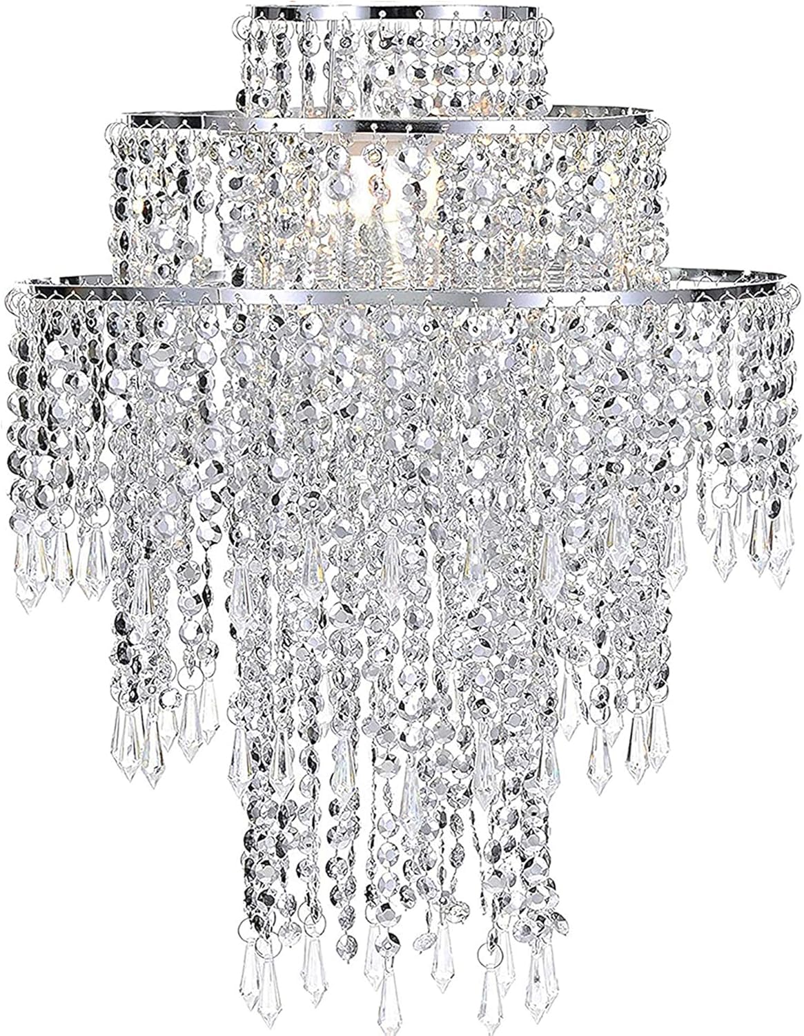 Waneway Large 3 Tiers Silver Sparkling Beads Pendant Shade, Ceiling Chandelier Lampshade with Acrylic Jewel Droplets, Beaded Lampshade with Chrome Frame and Sparkling Beads, Diameter 12.6'', Silver Backdrop Bliss