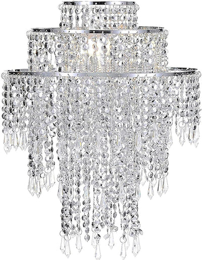 Waneway Large 3 Tiers Silver Sparkling Beads Pendant Shade, Ceiling Chandelier Lampshade with Acrylic Jewel Droplets, Beaded Lampshade with Chrome Frame and Sparkling Beads, Diameter 12.6'', Silver Backdrop Bliss
