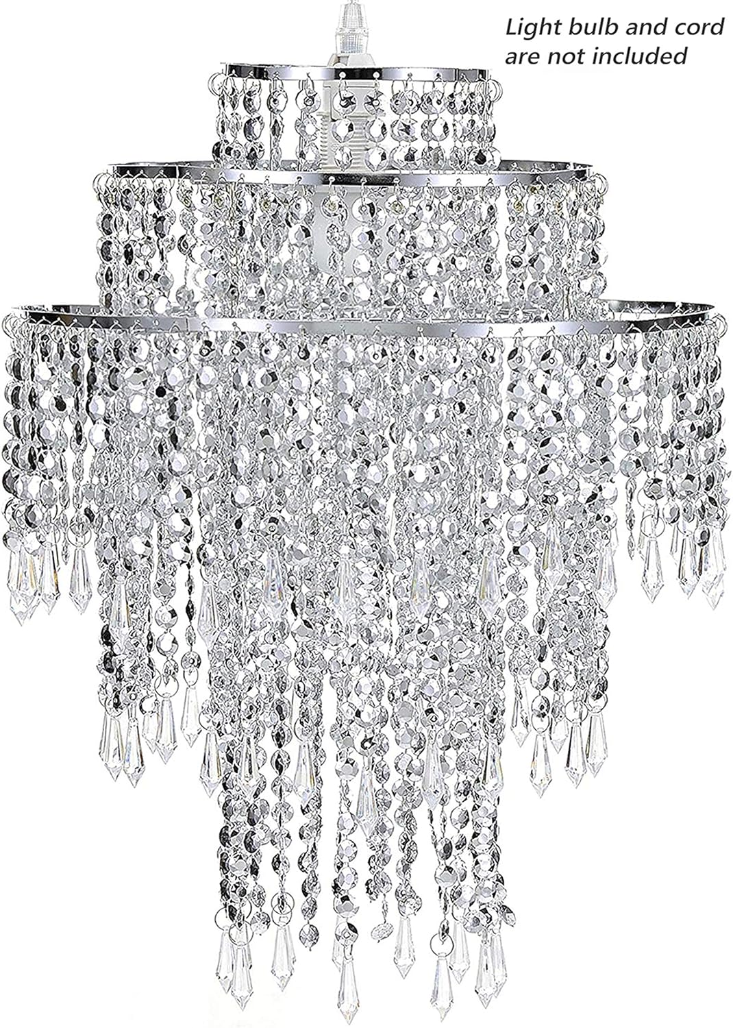 Waneway Large 3 Tiers Silver Sparkling Beads Pendant Shade, Ceiling Chandelier Lampshade with Acrylic Jewel Droplets, Beaded Lampshade with Chrome Frame and Sparkling Beads, Diameter 12.6'', Silver Backdrop Bliss