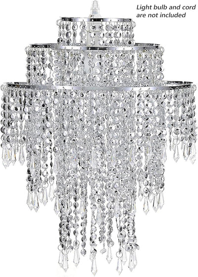Waneway Large 3 Tiers Silver Sparkling Beads Pendant Shade, Ceiling Chandelier Lampshade with Acrylic Jewel Droplets, Beaded Lampshade with Chrome Frame and Sparkling Beads, Diameter 12.6'', Silver Backdrop Bliss