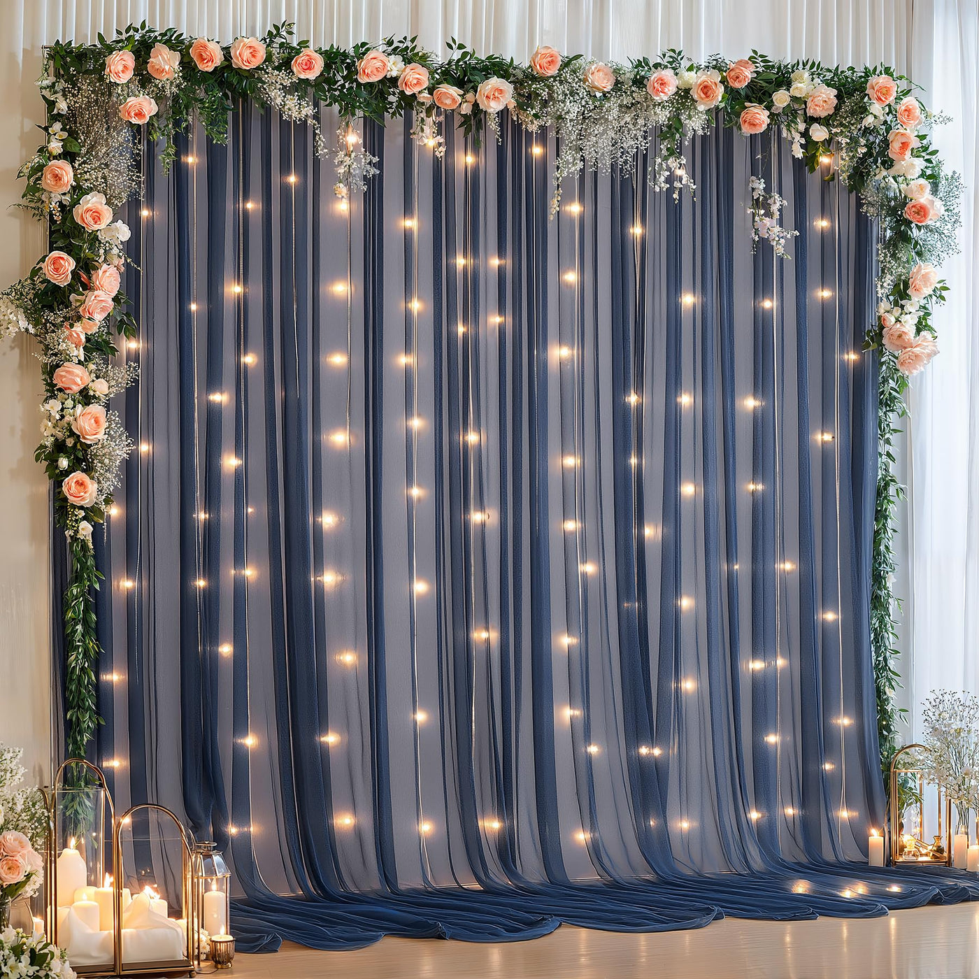 10x10ft Champagne Tulle Backdrop Curtain with Lights String for Parites, Sheer Backdrop Curtains for Wedding Baby Shower Birthday Party Photo Shoot Decorations - Backdrop Bliss10x10ft Champagne Tulle Backdrop Curtain with Lights String for Parites, Sheer Backdrop Curtains for Wedding Baby Shower Birthday Party Photo Shoot Decorations