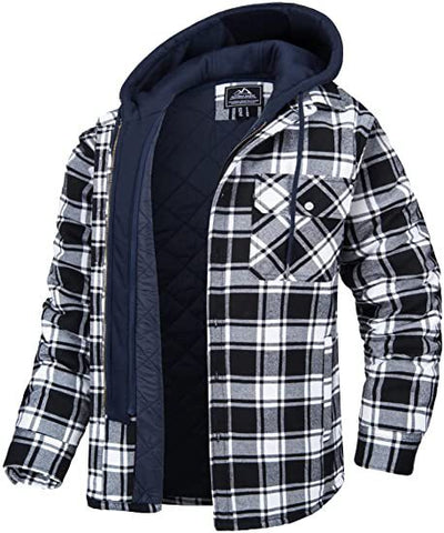 Men's Plaid Hooded Coat Winter Warm Button Zip-up Jacket Fashion Casual Thick Padded Long Sleeves Outerwear Clothing Backdrop Bliss