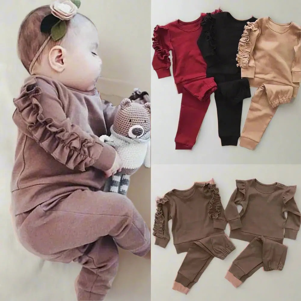 Newborn Baby Boys Girls Ruffles Jumper Solid Long Sleeve Sweatshirt Tops Pants Infant Kids 2Pcs Outfits Clothes Set Fall Clothes Backdrop Bliss