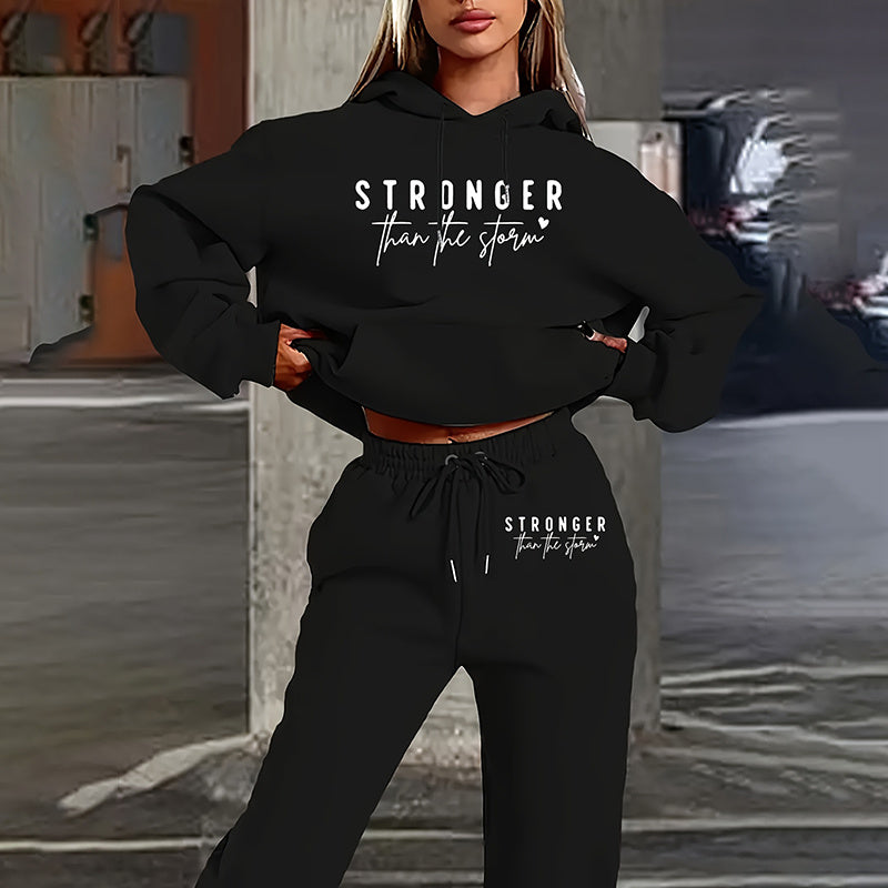 Women's Solid 2-Piece Set Letter Print Hoodie With Pocket & Drawstring Jogger Pants Casual Tracksuit Backdrop Bliss