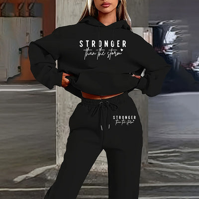 Women's Solid 2-Piece Set Letter Print Hoodie With Pocket & Drawstring Jogger Pants Casual Tracksuit Backdrop Bliss