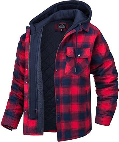 Men's Plaid Hooded Coat Winter Warm Button Zip-up Jacket Fashion Casual Thick Padded Long Sleeves Outerwear Clothing Backdrop Bliss