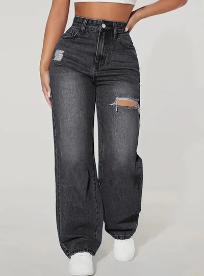 European And American Ladies Washed Hole Denim Trousers - Backdrop BlissEuropean And American Ladies Washed Hole Denim Trousers