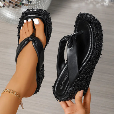 High Heels Wedge Sandals With Sequins Shiny Height Increasing Platform Flip Flops Women's Thick Bottom Shoes Beach Summer Backdrop Bliss