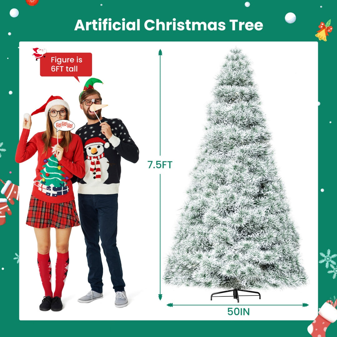 Pre-lit Artificial Christmas Tree, Prelighted Green Artificial Hinged Spruce Xmas Tree With 347 Branch Tips, 120 Incandescent Lights Backdrop Bliss