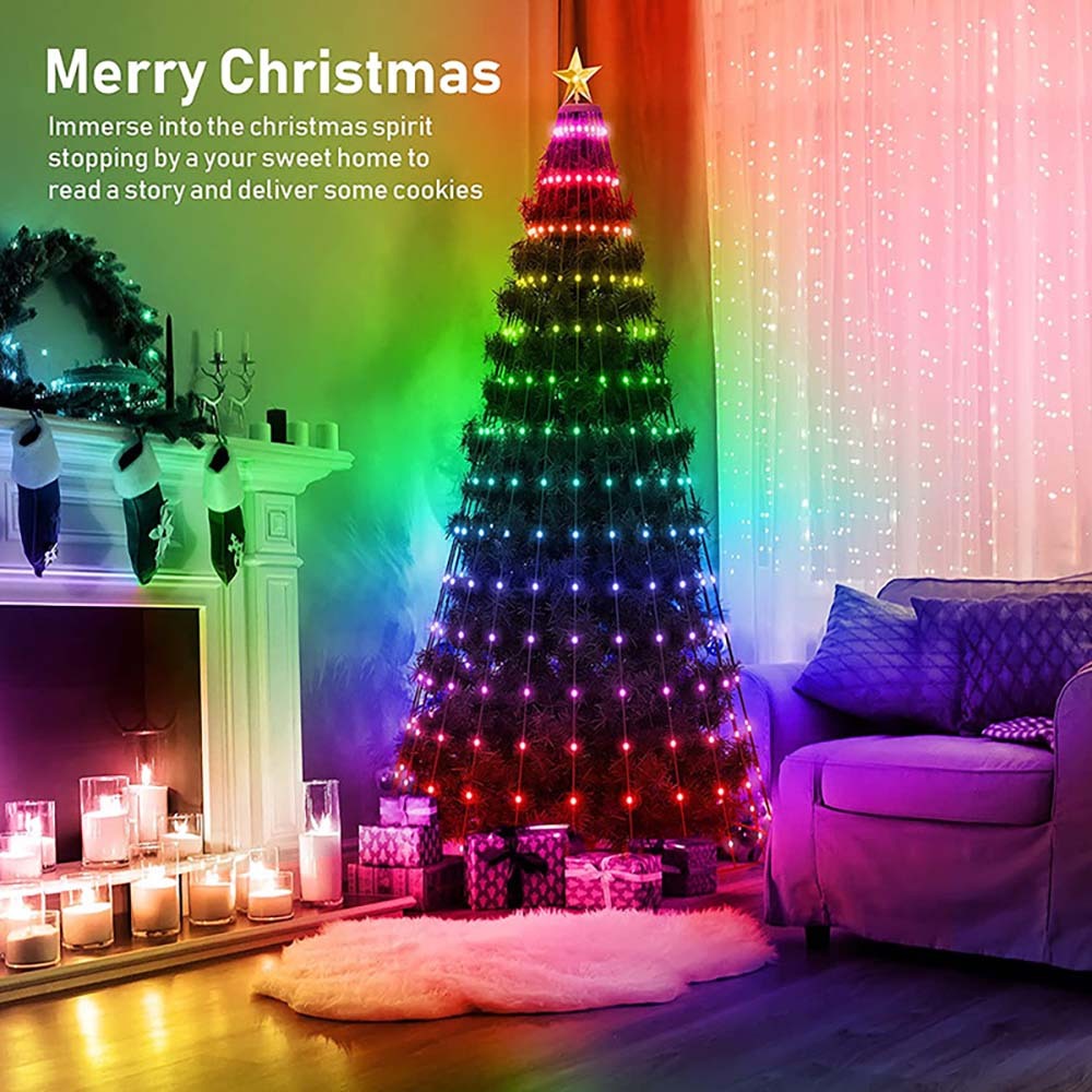 5-Foot Smart Christmas Tree With Lights - 400 LED Lights, Remote And App Control - Music Sync, 11 Modes - Green Wiring, Suitable For Artificial Trees - Multi-Color And Warm White, Indoor Outdoor Use Backdrop Bliss