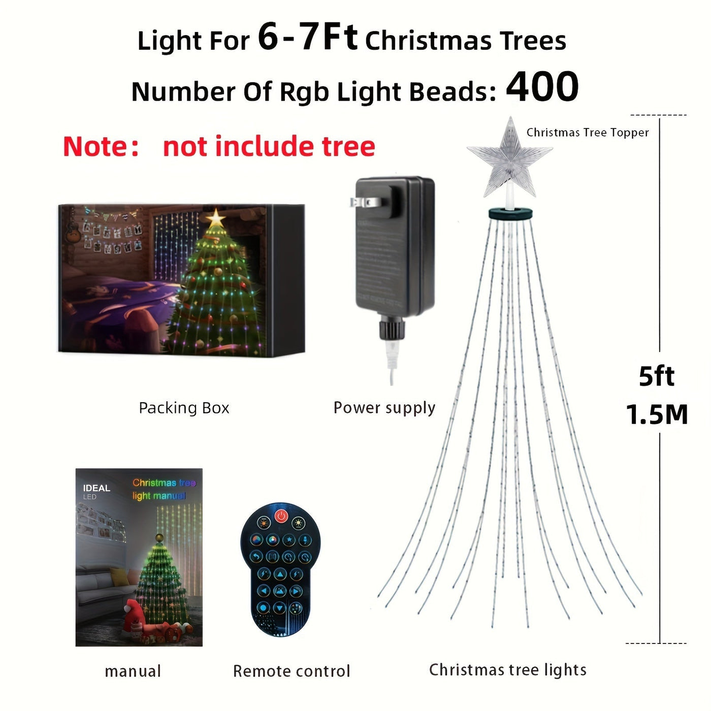5-Foot Smart Christmas Tree With Lights - 400 LED Lights, Remote And App Control - Music Sync, 11 Modes - Green Wiring, Suitable For Artificial Trees - Multi-Color And Warm White, Indoor Outdoor Use Backdrop Bliss