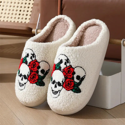 Halloween Skull Rose Slippers Winter Warm Indoor Floor Bedroom Home Slipper For Women Backdrop Bliss