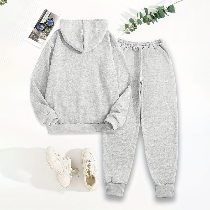 Women's Solid 2-Piece Set Letter Print Hoodie With Pocket & Drawstring Jogger Pants Casual Tracksuit Backdrop Bliss