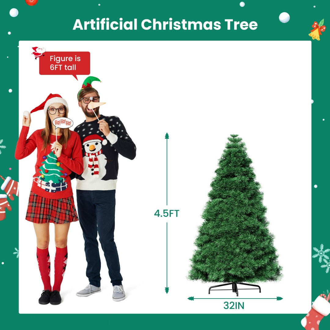 Pre-lit Artificial Christmas Tree, Prelighted Green Artificial Hinged Spruce Xmas Tree With 347 Branch Tips, 120 Incandescent Lights Backdrop Bliss