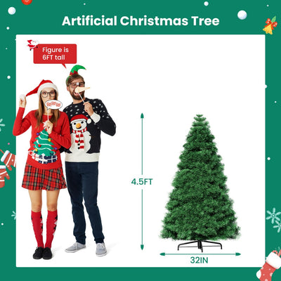 Pre-lit Artificial Christmas Tree, Prelighted Green Artificial Hinged Spruce Xmas Tree With 347 Branch Tips, 120 Incandescent Lights Backdrop Bliss