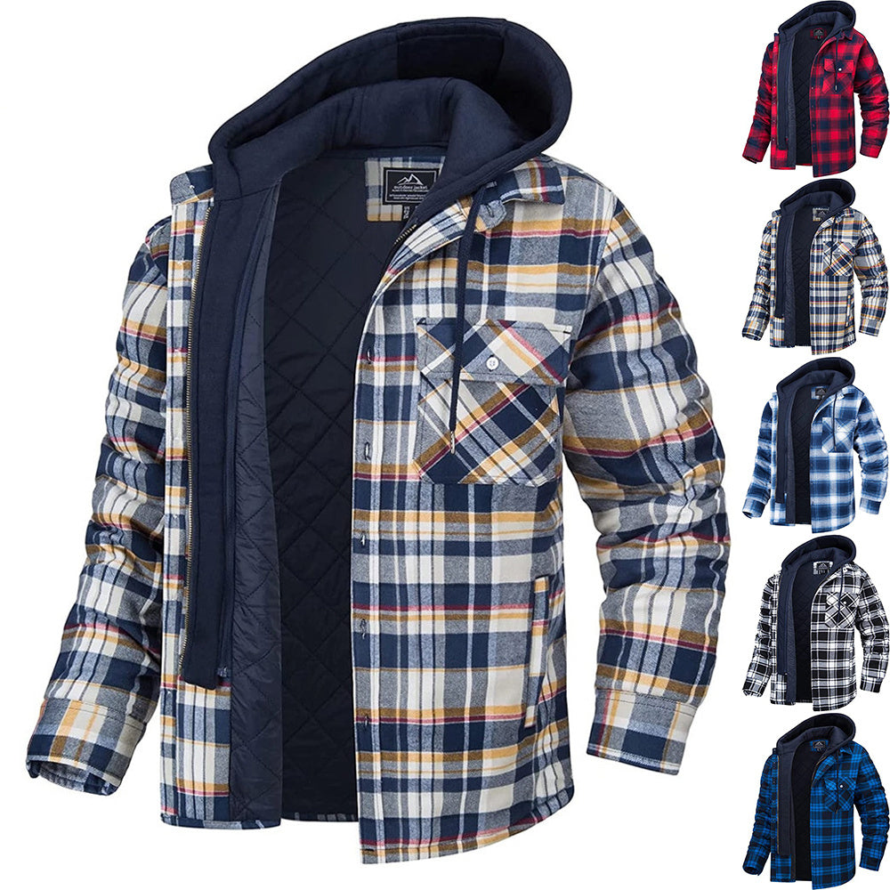 Men's Plaid Hooded Coat Winter Warm Button Zip-up Jacket Fashion Casual Thick Padded Long Sleeves Outerwear Clothing Backdrop Bliss