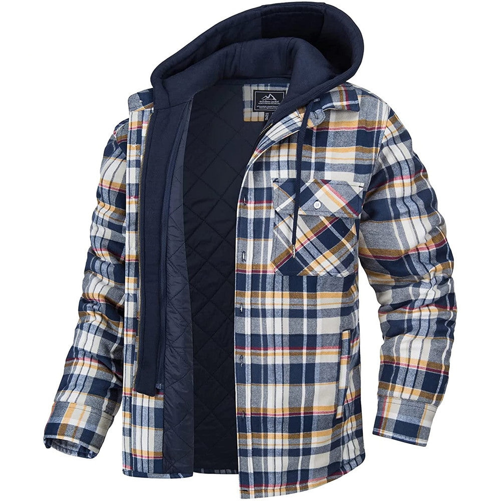 Men's Plaid Hooded Coat Winter Warm Button Zip-up Jacket Fashion Casual Thick Padded Long Sleeves Outerwear Clothing Backdrop Bliss