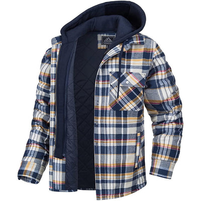 Men's Plaid Hooded Coat Winter Warm Button Zip-up Jacket Fashion Casual Thick Padded Long Sleeves Outerwear Clothing Backdrop Bliss